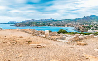 Coastline view of Athenian Riviera from Cape Sounion ruins.