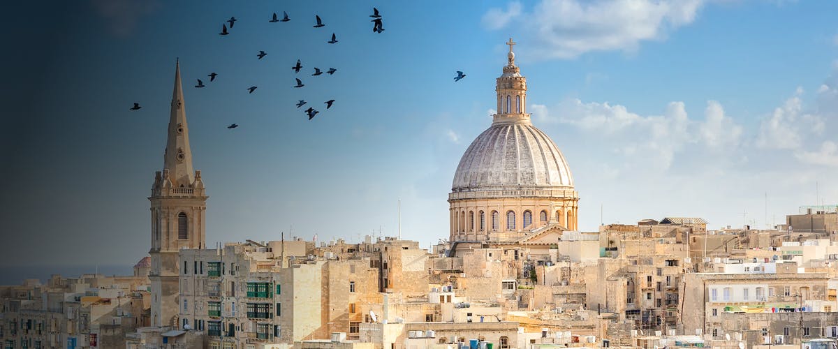 Valletta skyline with St. Paul's Cathedral dome and spire, Malta.