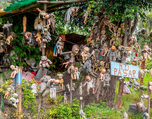 Xochimilco's Island of the Dolls with hanging dolls in Mexico.