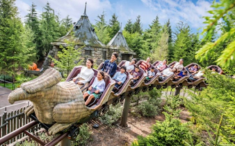Families enjoying the Flight of the Hippogriff roller coaster at Universal Studios Japan, Osaka.