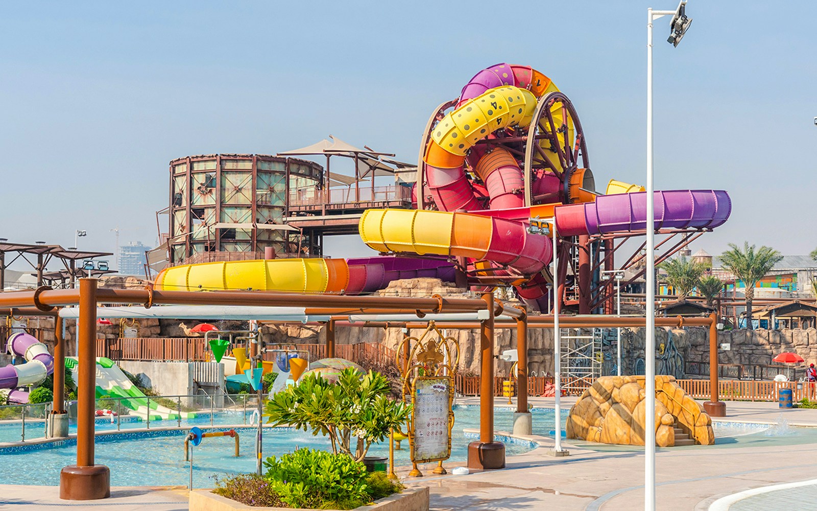 Colorful water slides at Rapid Refinery, Meryal Waterpark.