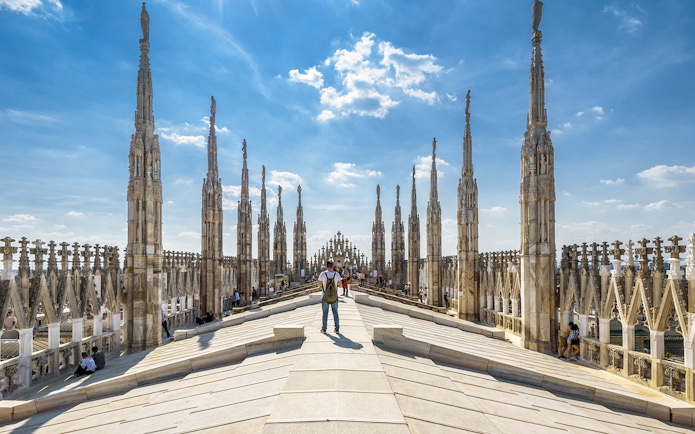 Rooftop view of Milan Cathedral with spires, part of the Official Milano Pass experience.