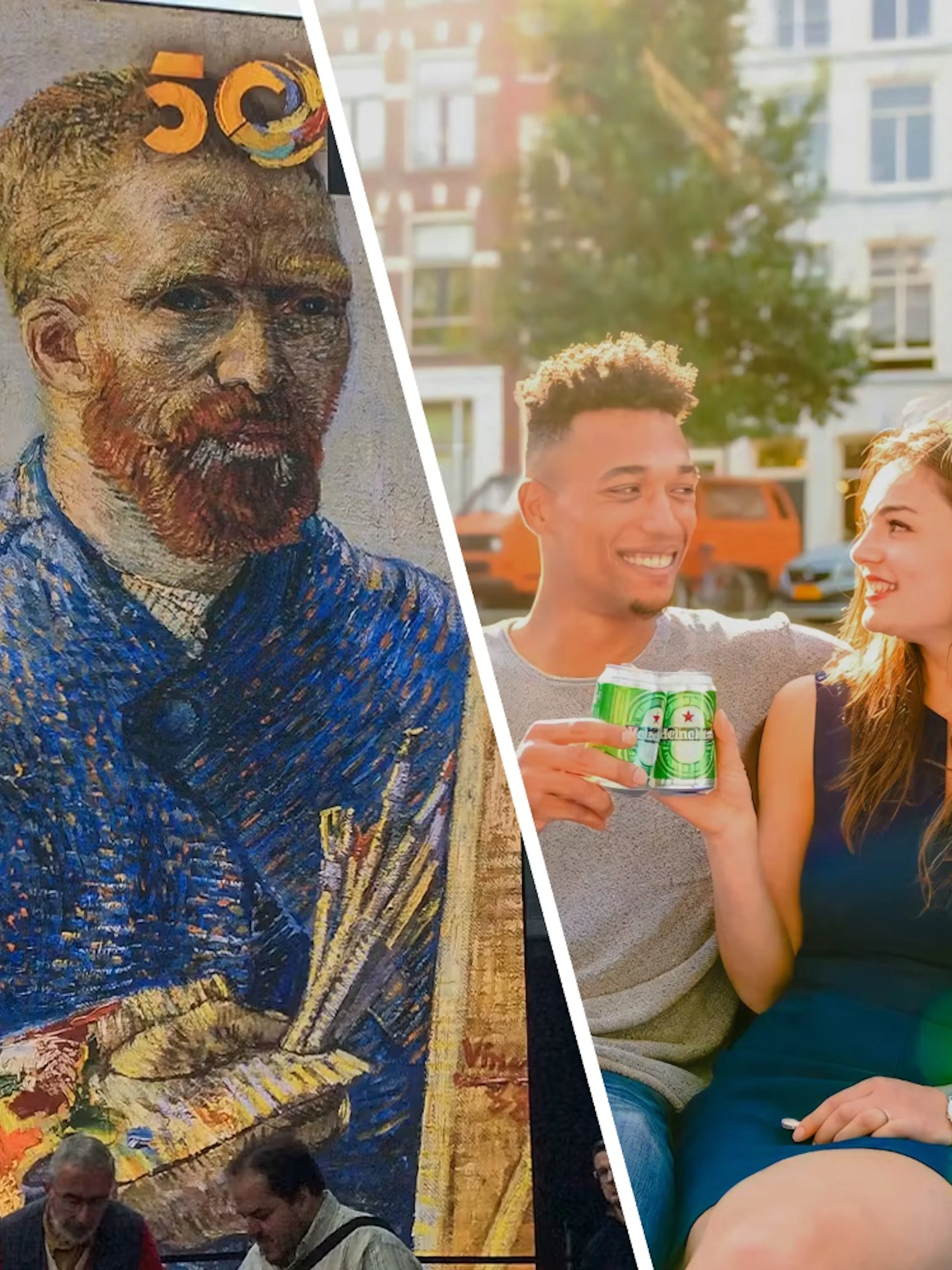 Van Gogh Museum entrance and guests enjoying drinks on an Amsterdam open boat cruise.