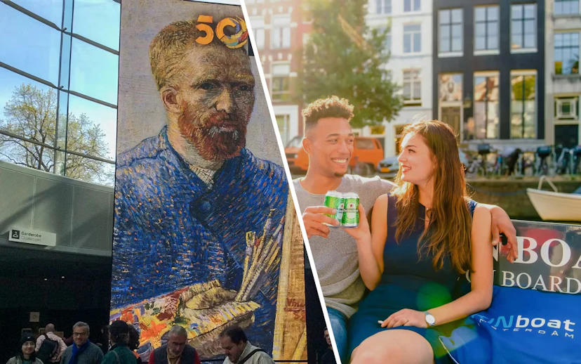 Van Gogh Museum entrance and guests enjoying drinks on an Amsterdam open boat cruise.