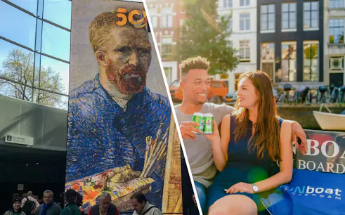 Van Gogh Museum entrance and guests enjoying drinks on an Amsterdam open boat cruise.