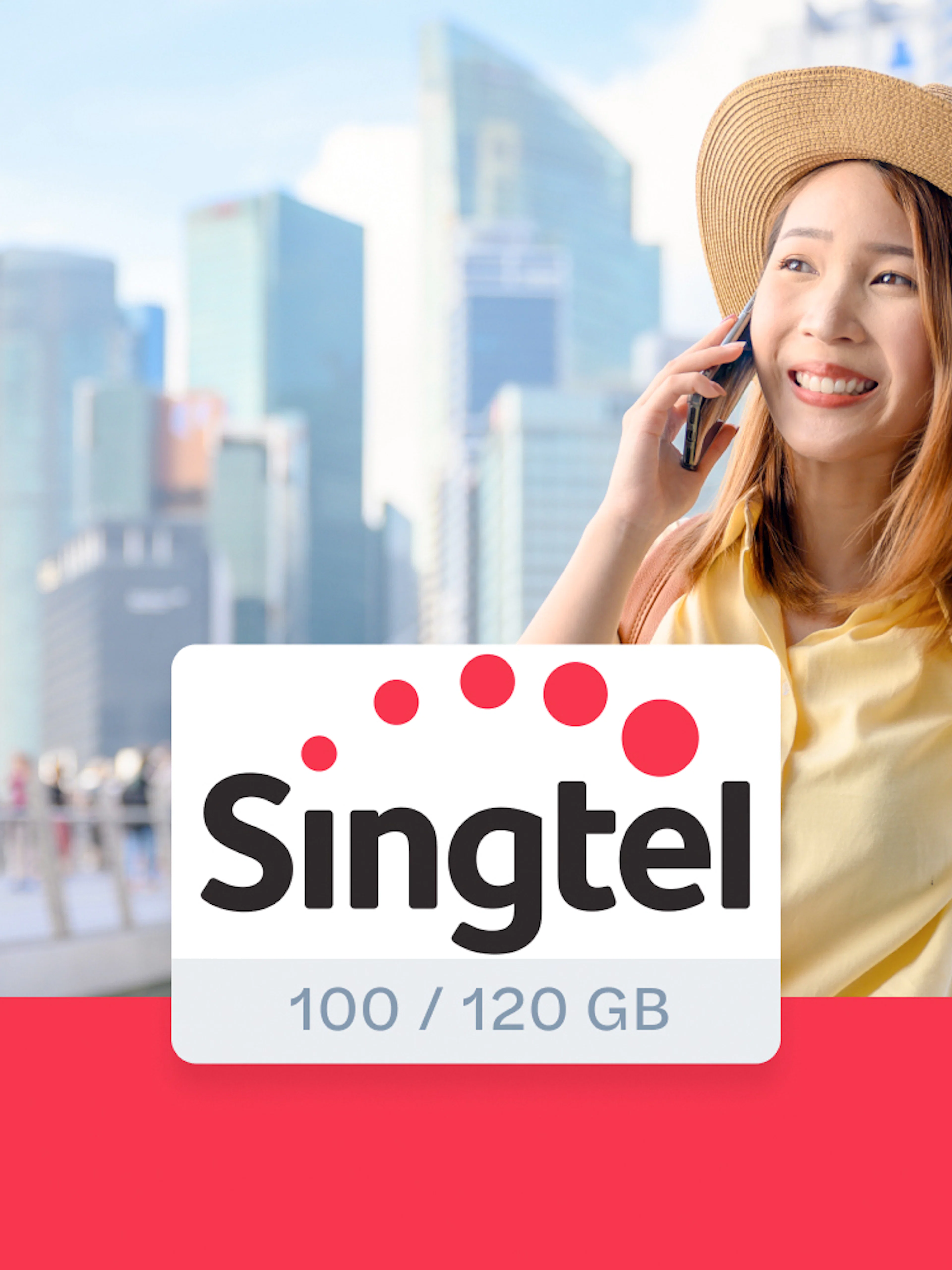 Tourist using Singtel prepaid SIM card in Singapore cityscape.