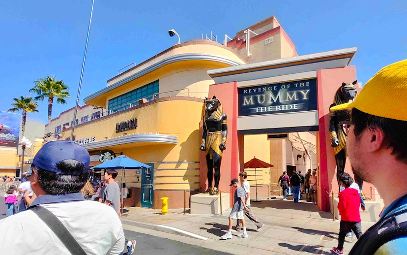 Revenge of the Mummy ride entrance at Universal Studios Hollywood with Anubis statues.