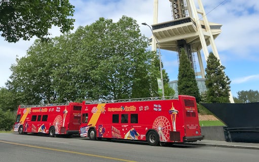 City Sightseeing bus at Seattle bus stop near Space Needle.