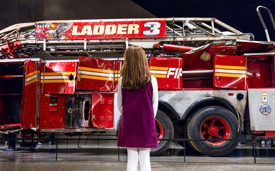 Fire truck Ladder 3 exhibit inside the 9/11 Museum, New York City.