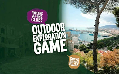 Outdoor exploration game in Malaga with city and harbor view.