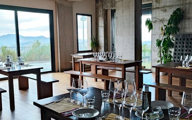 Wine glasses set on wooden tables in a tasting room with mountain views, Etna tour.