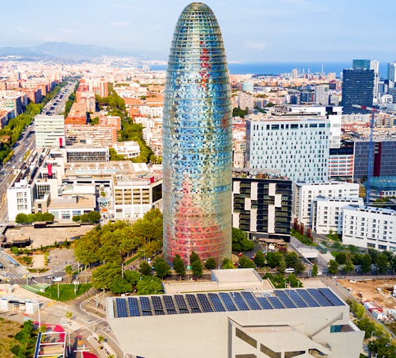 Glories Skyline Tower in Barcelona with cityscape background.