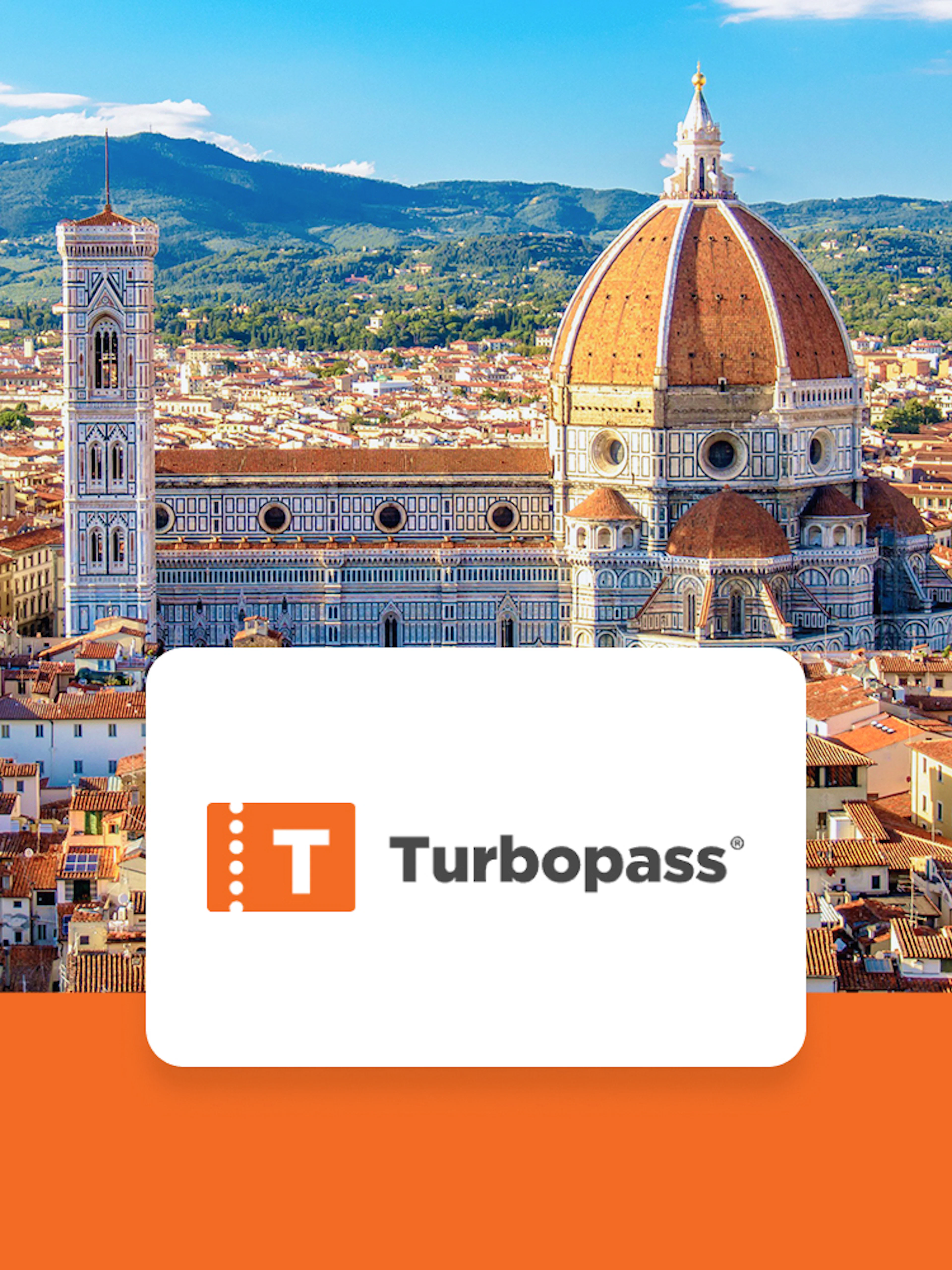 Florence skyline featuring the Cathedral of Santa Maria del Fiore with Turbopass logo.