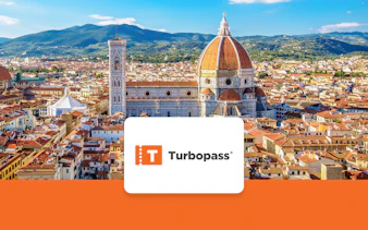 Florence skyline featuring the Cathedral of Santa Maria del Fiore with Turbopass logo.
