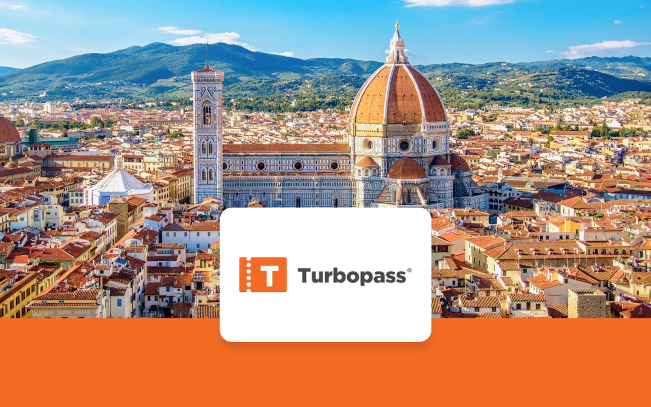 Florence skyline featuring the Cathedral of Santa Maria del Fiore with Turbopass logo.