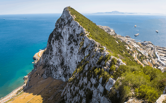 Rock of Gibraltar with city and sea view on a full-day tour from Málaga.