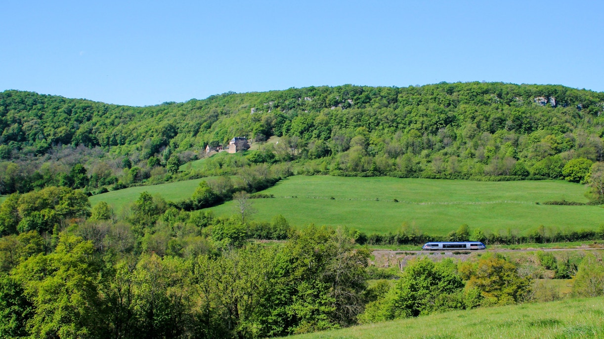 TER train traveling through lush countryside in France.