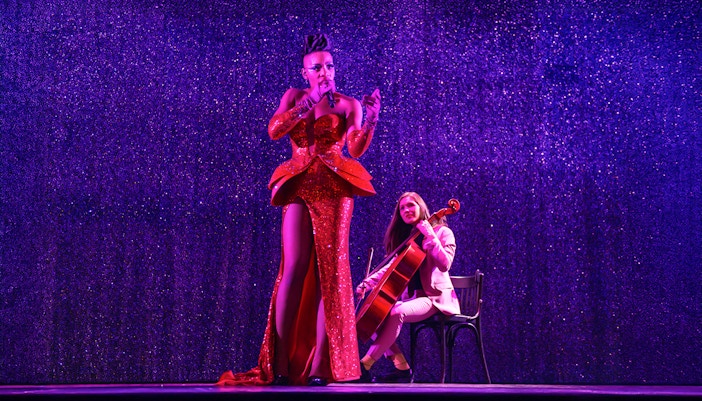 Singer on stage at Paradis Latin, Paris, performing in vibrant cabaret setting.