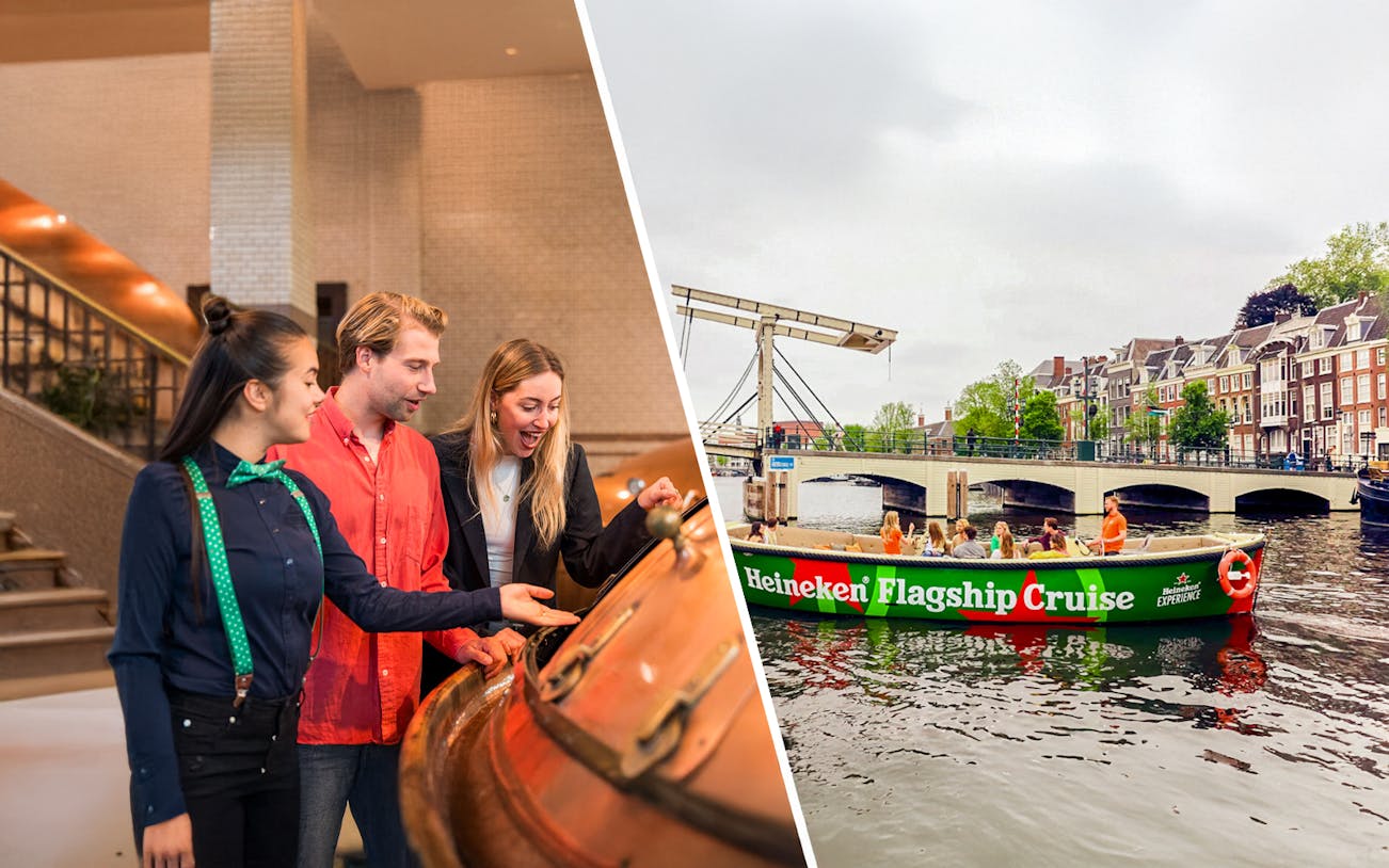Heineken Experience tour with visitors and Heineken Flagship Cruise on Amsterdam canal.