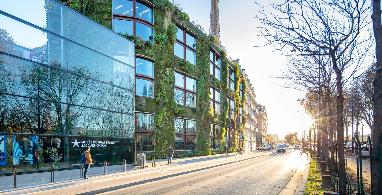 Musée du Quai Branly exterior with vertical garden and street view in Paris.
