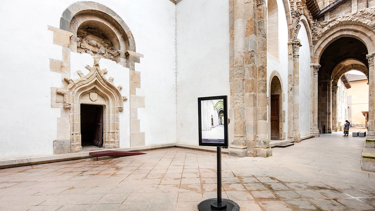 Abbaye de Cluny entrance with 3D film display, Lyon, France.