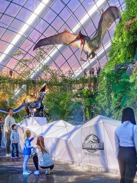 Visitors observing a pteranodon display at Jurassic World attraction.
