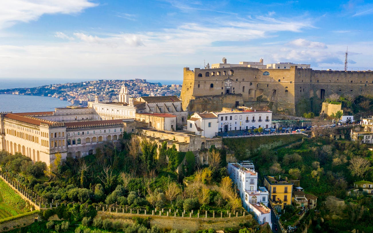 Aerial view of the Charterhouse of San Martino and Castel Sant'Elmo in Naples, Italy.