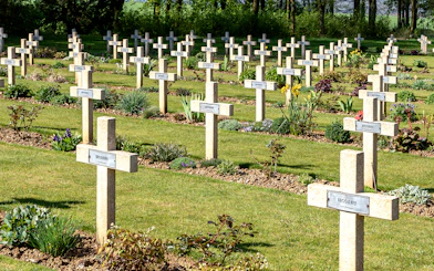 Rows of crosses at Somme Battlefield cemetery, France, on a day trip from Paris.