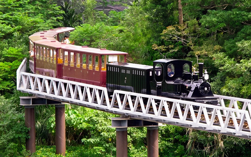 Train ride through lush greenery at Okinawa Neo Park.