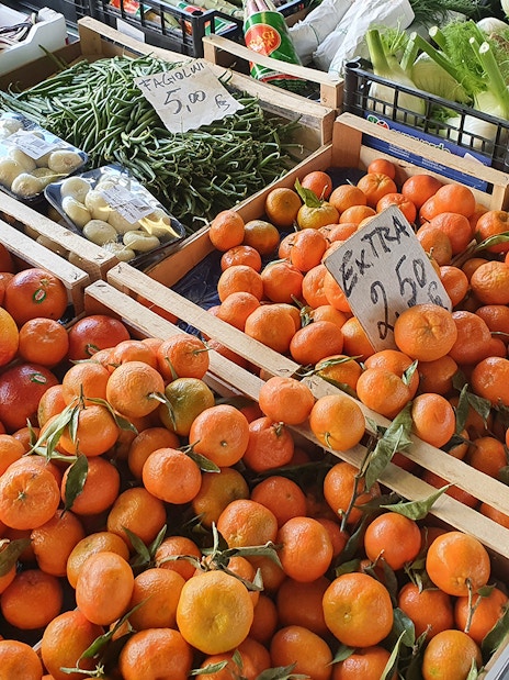Fresh produce at Florence Central Market, featuring oranges, green beans, and fennel.