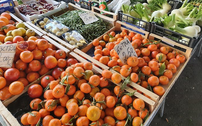 Fresh produce at Florence Central Market, featuring oranges, green beans, and fennel.