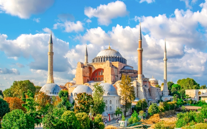 Hagia Sophia exterior with minarets and domes in Istanbul, Turkey.