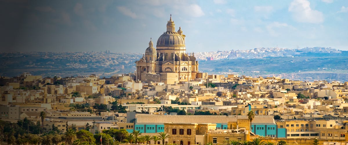 Panoramic view of Gozo Island with the Rotunda of Xewkija in Malta.