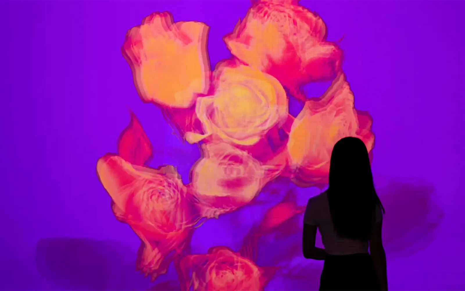 Silhouette of a person viewing vibrant floral digital art at Eternal Nature, Arte Museum, New York.