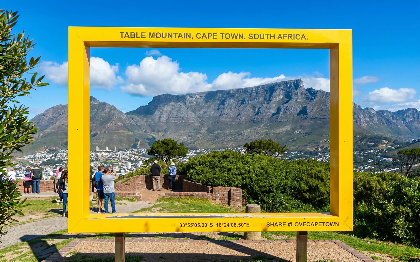 Table Mountain view through yellow frame, Cape Town, South Africa.