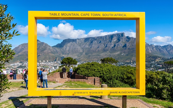 Table Mountain view through yellow frame, Cape Town, South Africa.