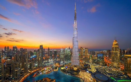 Burj Khalifa at sunset with Dubai cityscape, UAE.