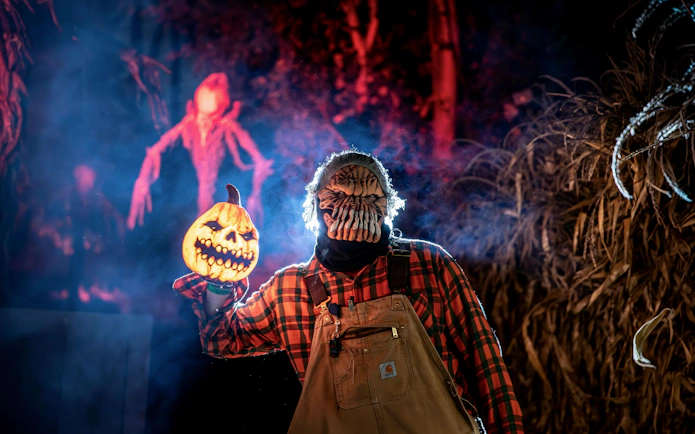 Halloween character with pumpkin mask at Canada's Wonderland Halloween Haunt.