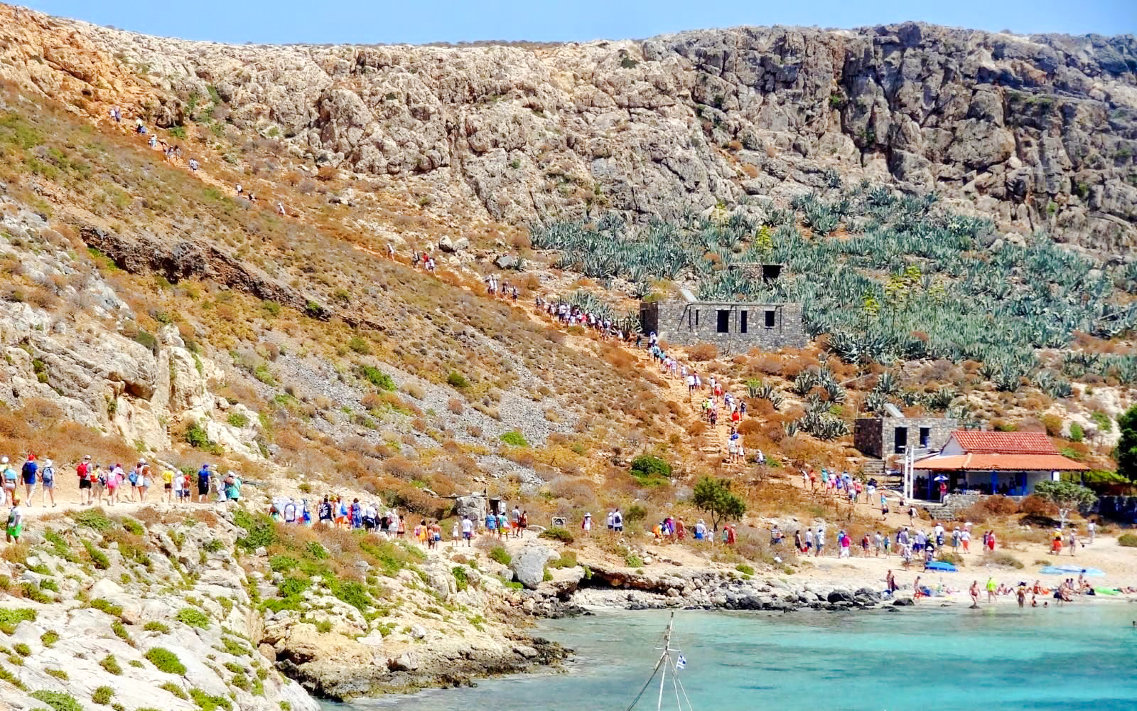 Tourists hiking on Gramvousa Island with stone ruins and rocky landscape.