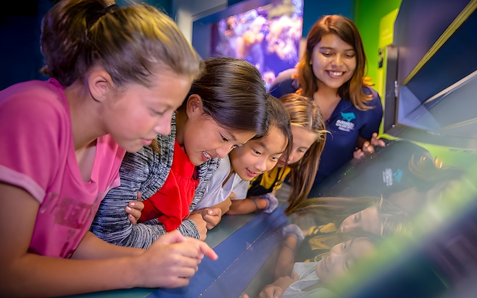 Children exploring interactive exhibit at Aquarium of the Pacific.
