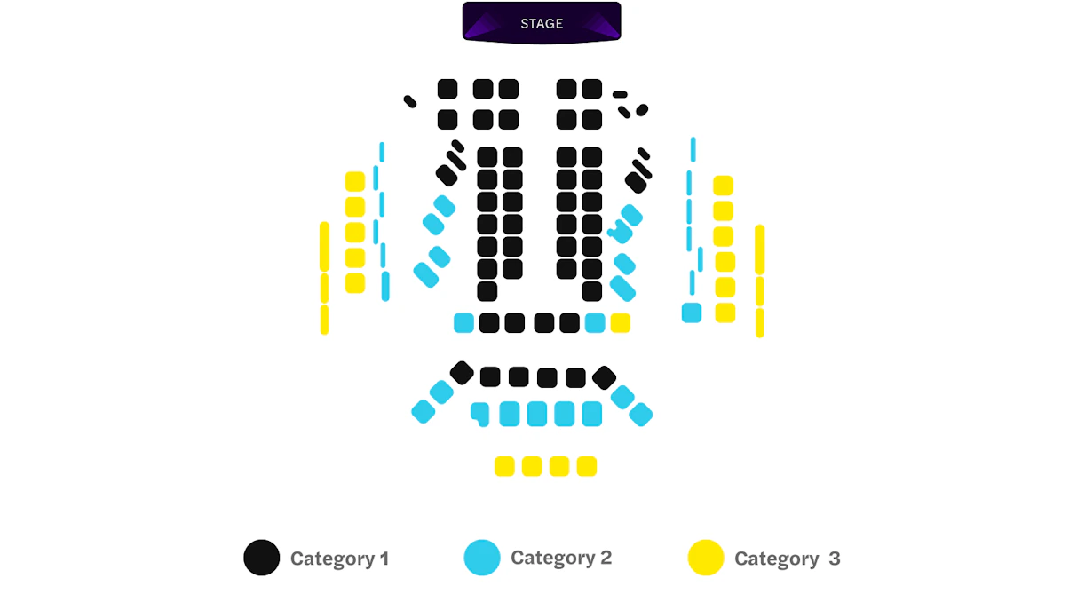 Paradis Latin seating chart with categories in black, blue, and yellow.