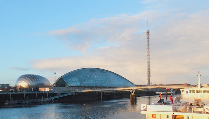 Glasgow Science Centre with its distinctive architecture by the River Clyde.