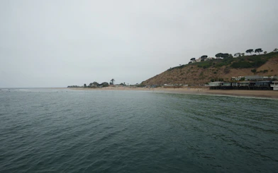Santa Monica beach view with hills and ocean along Pacific Coast Highway.