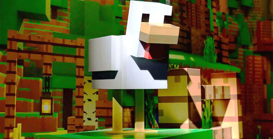 Minecraft chicken statue in a blocky forest setting, part of Villager Rescue experience.