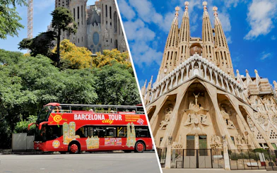 Barcelona hop-on hop-off bus and Sagrada Familia exterior.