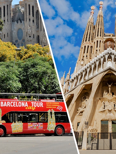 Barcelona hop-on hop-off bus and Sagrada Familia exterior.