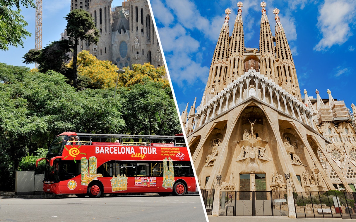 Barcelona hop-on hop-off bus and Sagrada Familia exterior.
