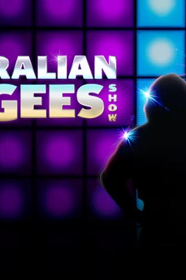 The Australian Bee Gees Show logo with silhouetted performers against a colorful backdrop.
