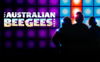 The Australian Bee Gees Show logo with silhouetted performers against a colorful backdrop.
