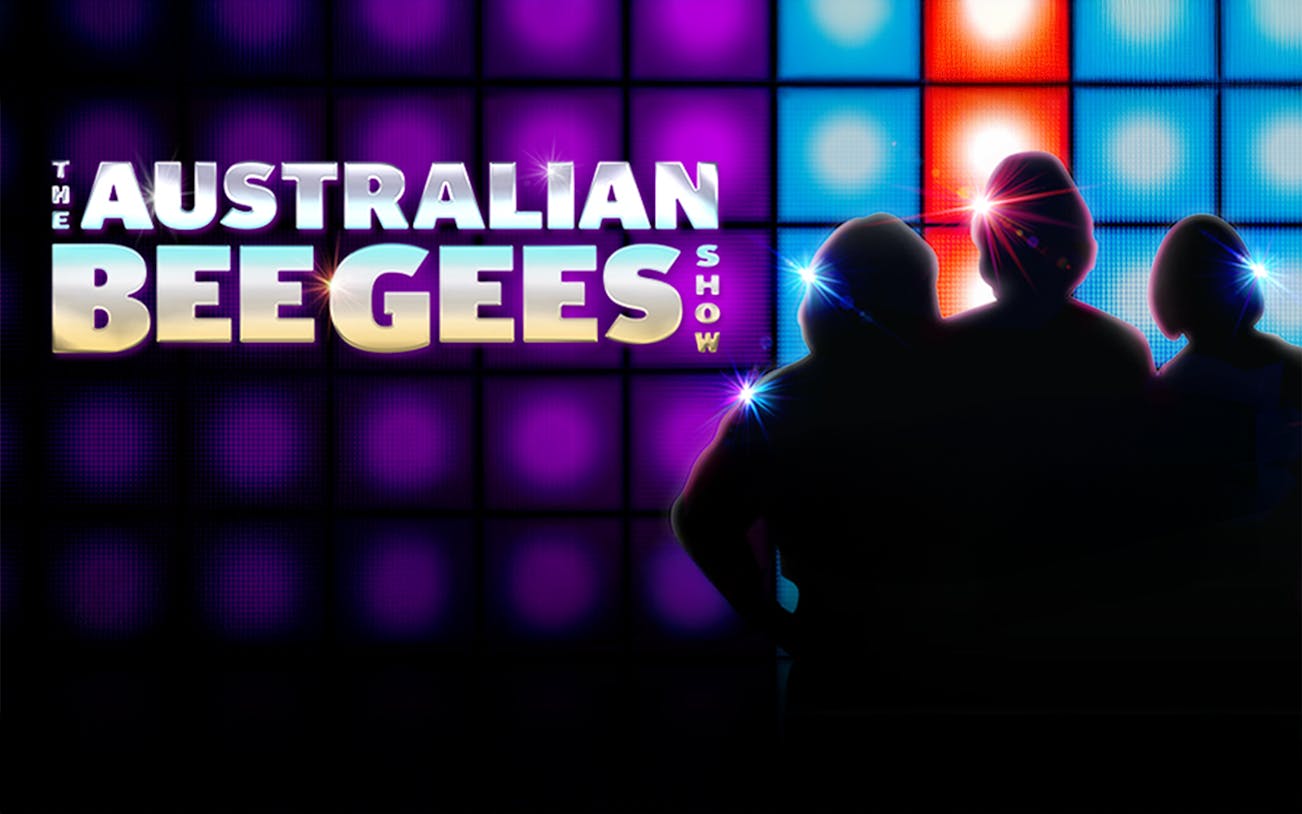 The Australian Bee Gees Show logo with silhouetted performers against a colorful backdrop.